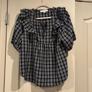 Loft Plaid Ruffle Bib Tie Neck Blouse